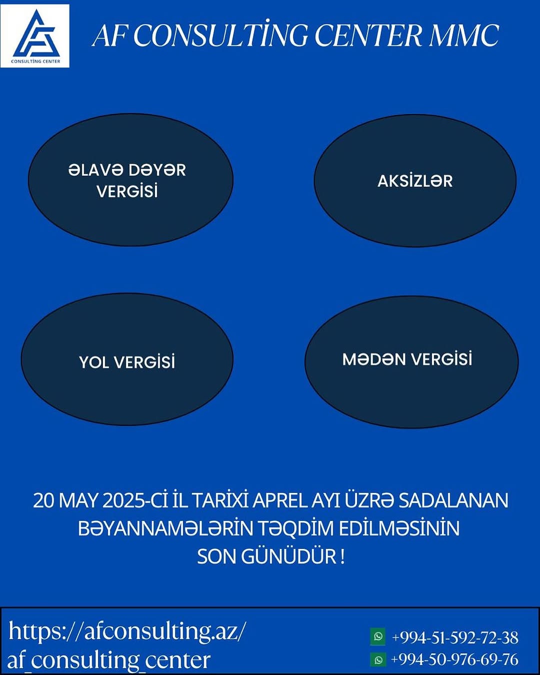 Diqqət! 20 May 2025-ci il — Aprel ayı üzrə aşağıda sadalanan bəyannamələrin təqdim edilməsi üçün son tarixdir!